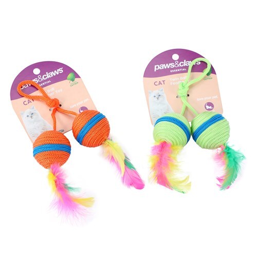 Paws & Claws 20cm Twin Ball & Feather Catnip Toy - Assorted