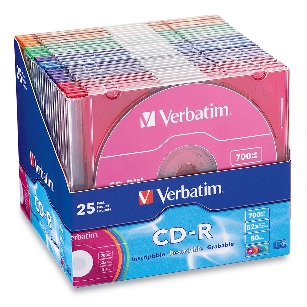 25PK Verbatim CD-R 700MB 52x Speed Blank Discs w/ Slim Case Colours