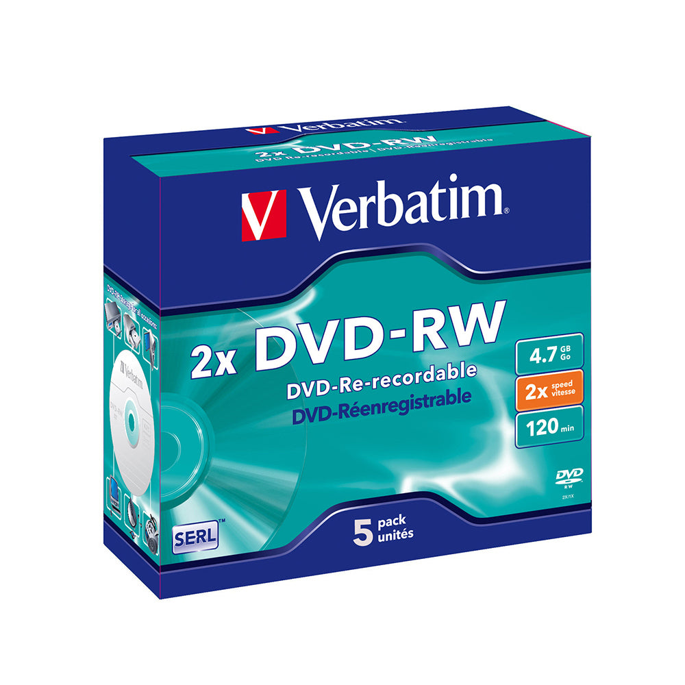 5PK Verbatim DVD-RW 4.7GB 2x Speed Rewritable Blank Disc w/ Jewel Case