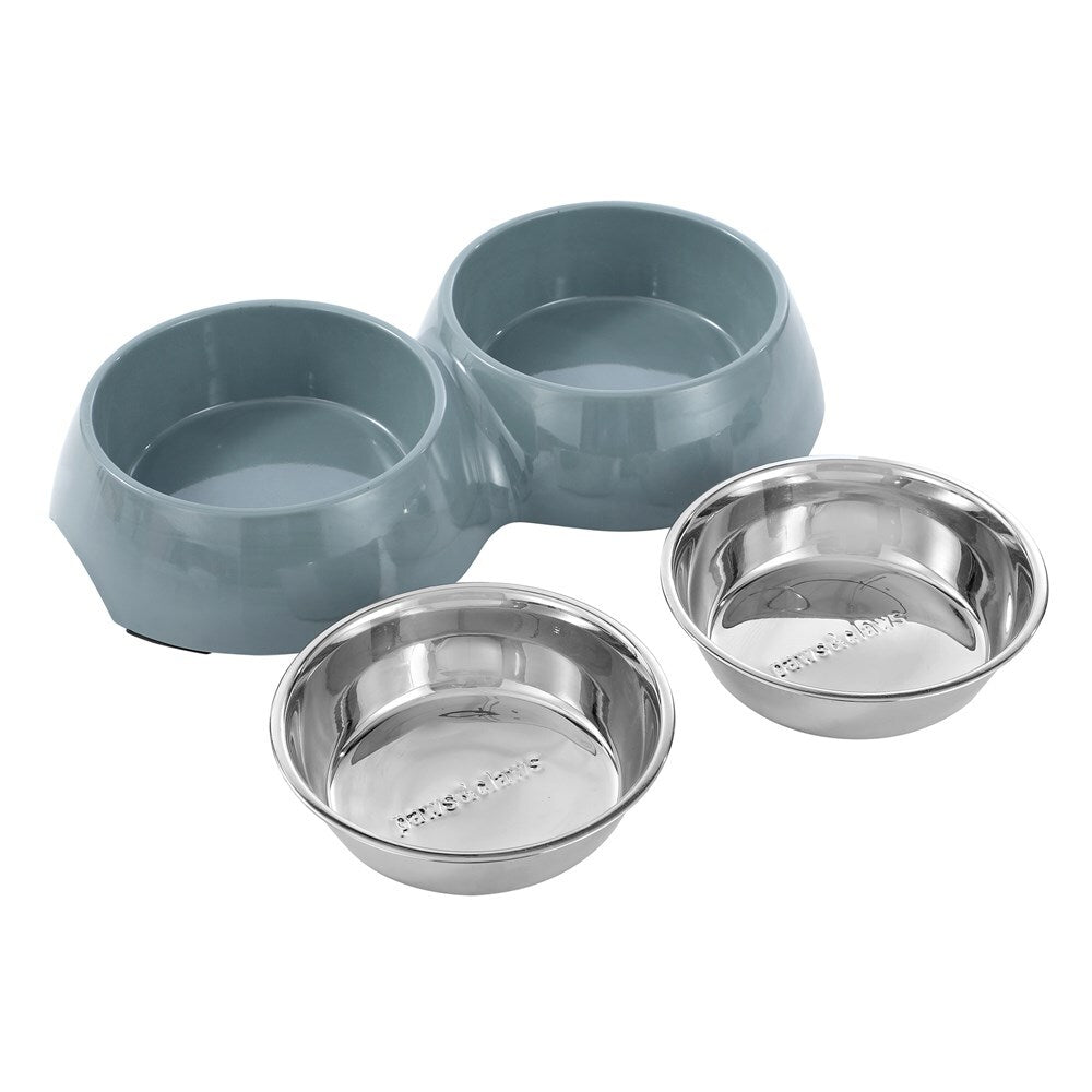2pc Paws & Claws Melamine Pet/Dog/Cat 400ml/14cm Double Bowl - Grey