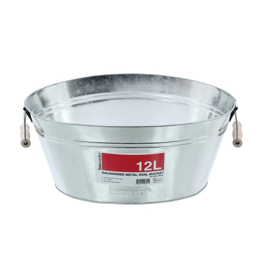 Boxsweden Metal Oval Bucket 12L Wood Handles Galvanised 40X30X18cm