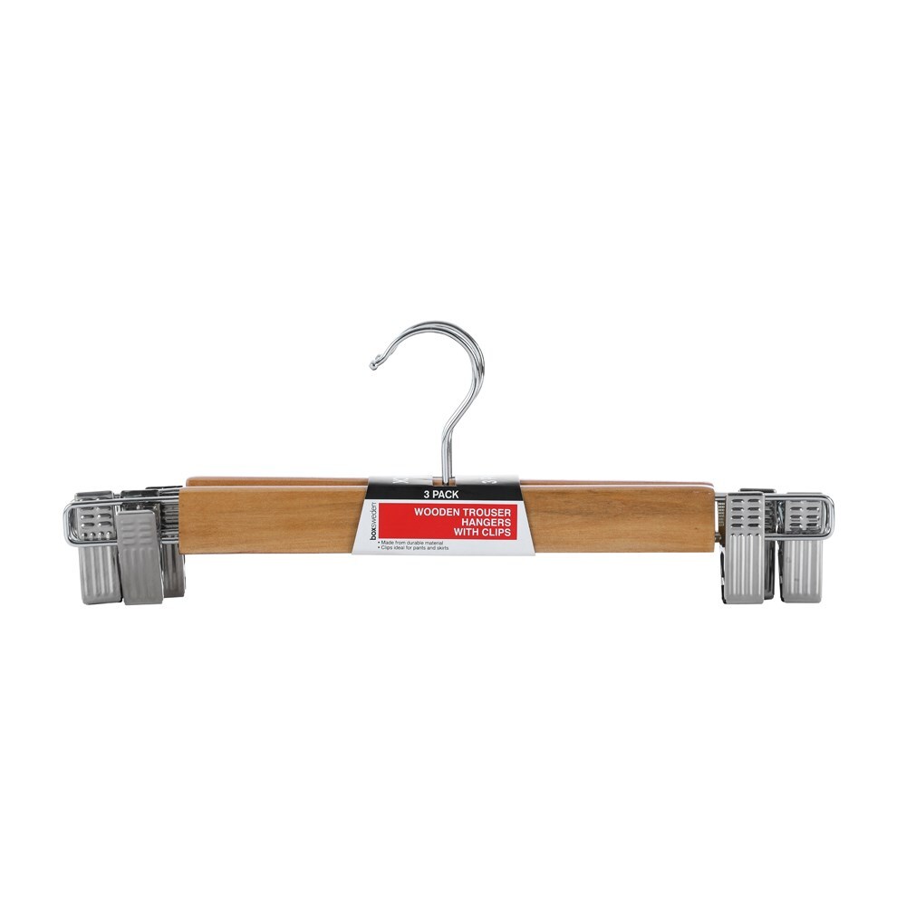 3pc Wooden Trouser Hanger 33cm w/ Clips