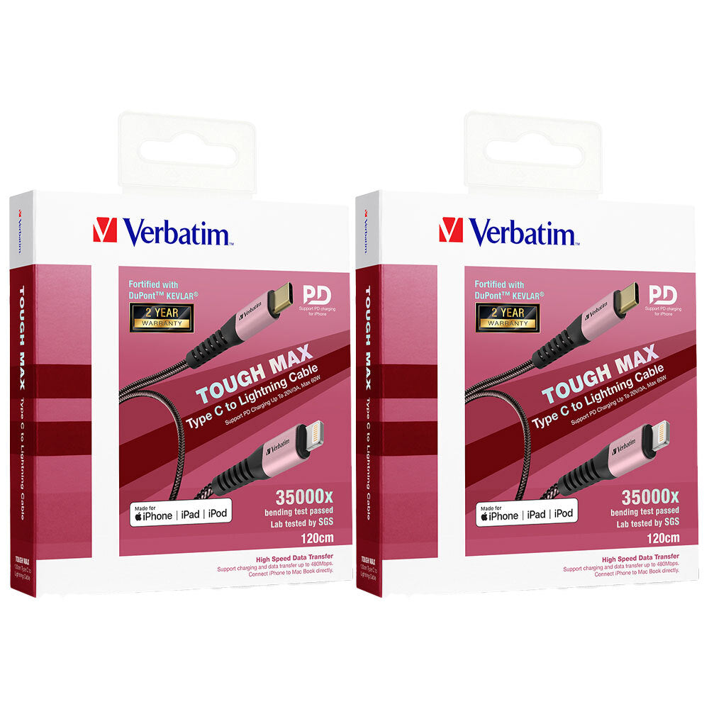 Verbatim 1.2m Type C to Lightning MFI-Certified Cable with Kevlar Rose Gold (2 Pack)