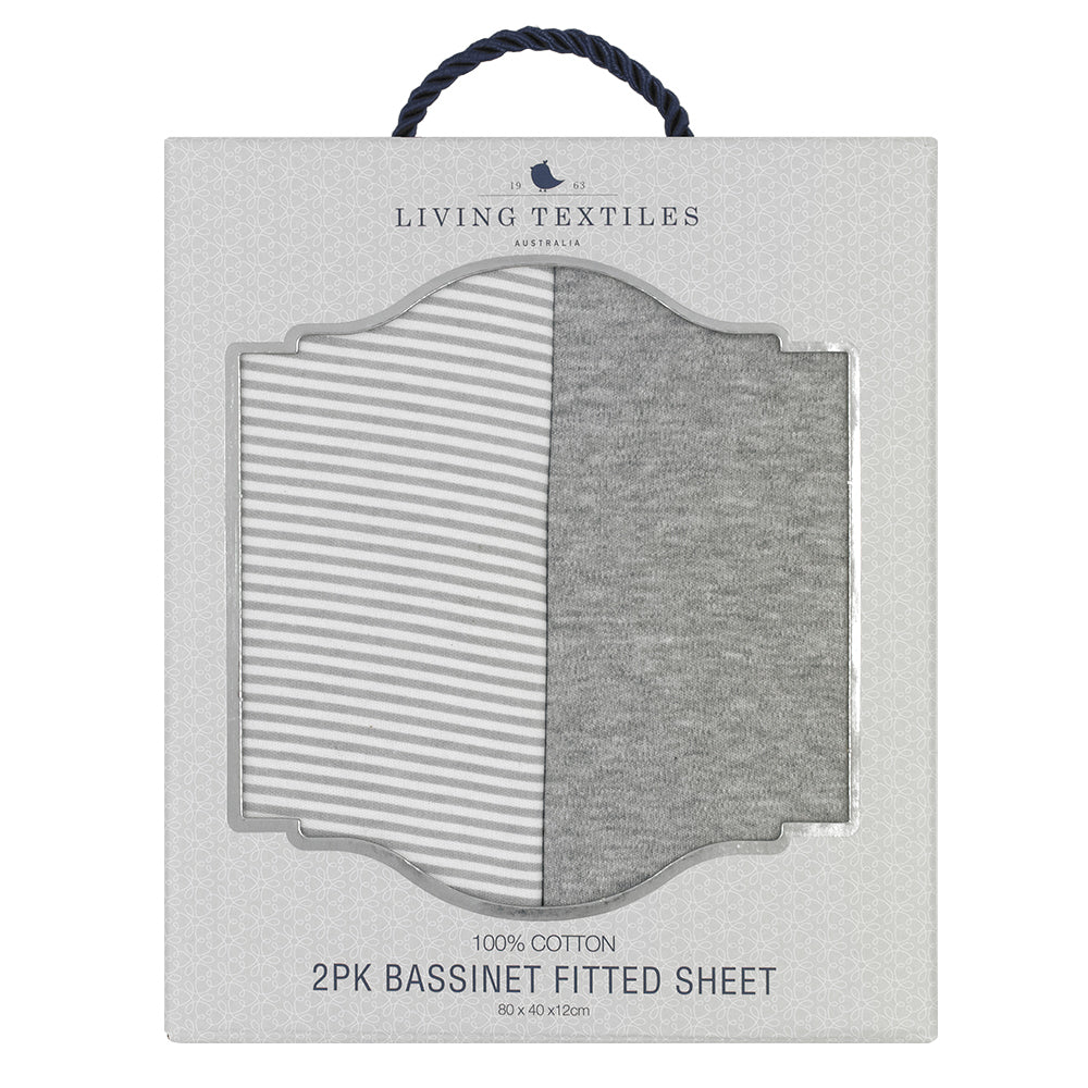 2pc Living Textiles Jersey Bassinet Fitted Sheet Grey Stripe/Melange