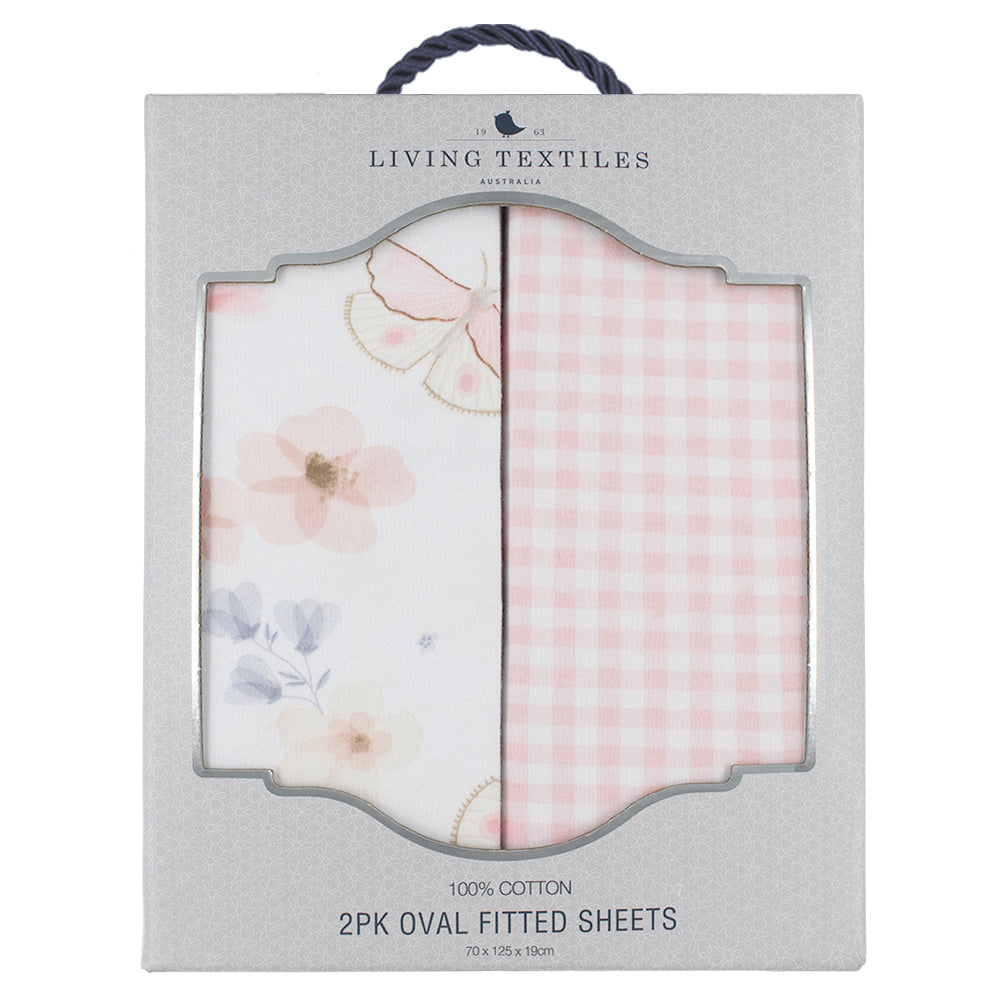 2pc Living Textiles Round/Oval Cot Fitted Sheets Butterfly/Blush Gingham