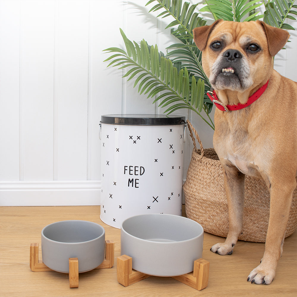 Louie Living 15.8x7cm Ceramic Dog/Pet Bowl w/ Bamboo Stand Medium Grey