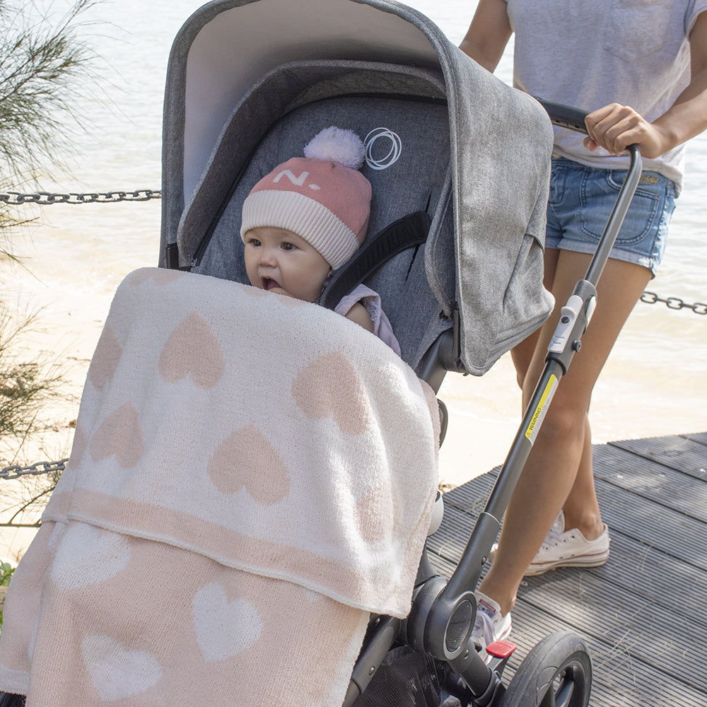 Living Textiles Chenille Pram Blanket Pink/White Hearts