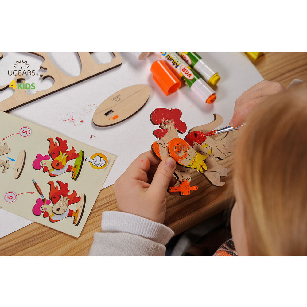 Ugears 3D Painting Cockerel DIY Wooden Puzzle 8pc