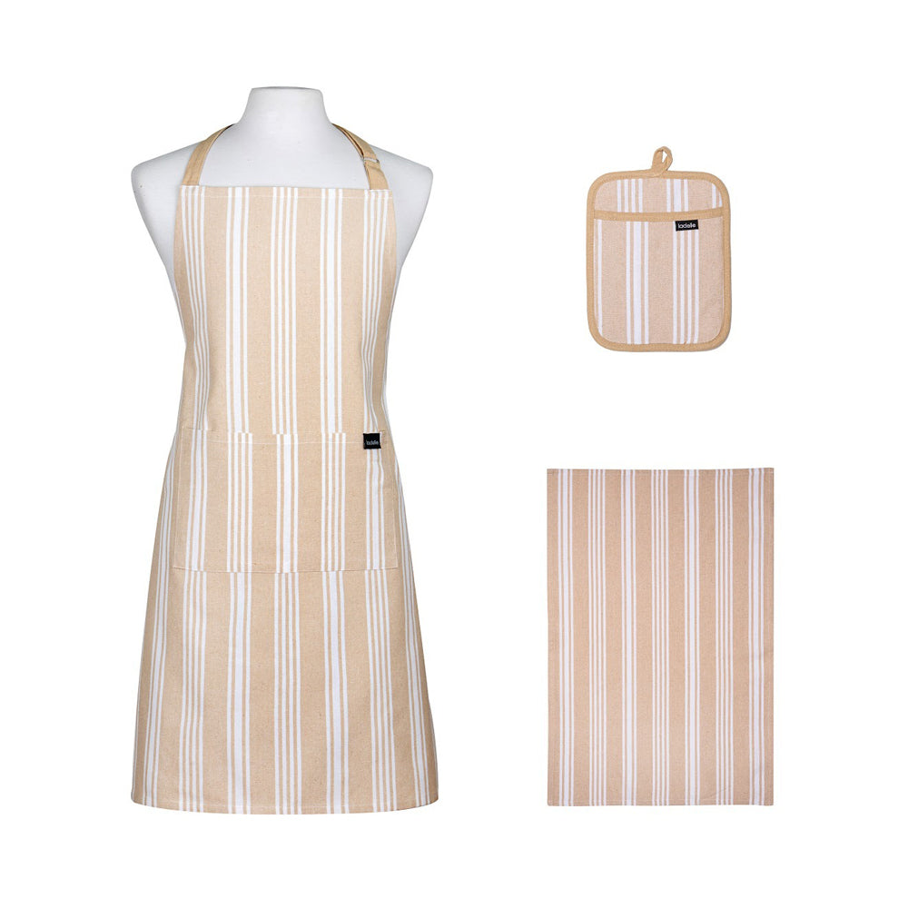 40467-02-3pc-ladelle-eco-stripe-apron-potholder-towel-kitchen-accessory-set-latte