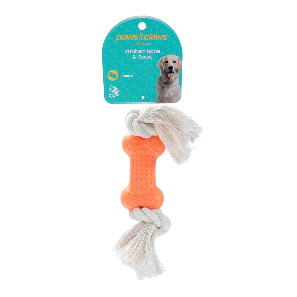 36096-paws-claws-essential-8-5cm-rubber-bone-w-rope-dog-toy-assorted