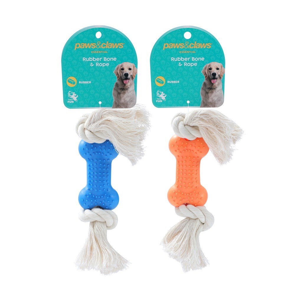 36096-paws-claws-essential-8-5cm-rubber-bone-w-rope-dog-toy-assorted
