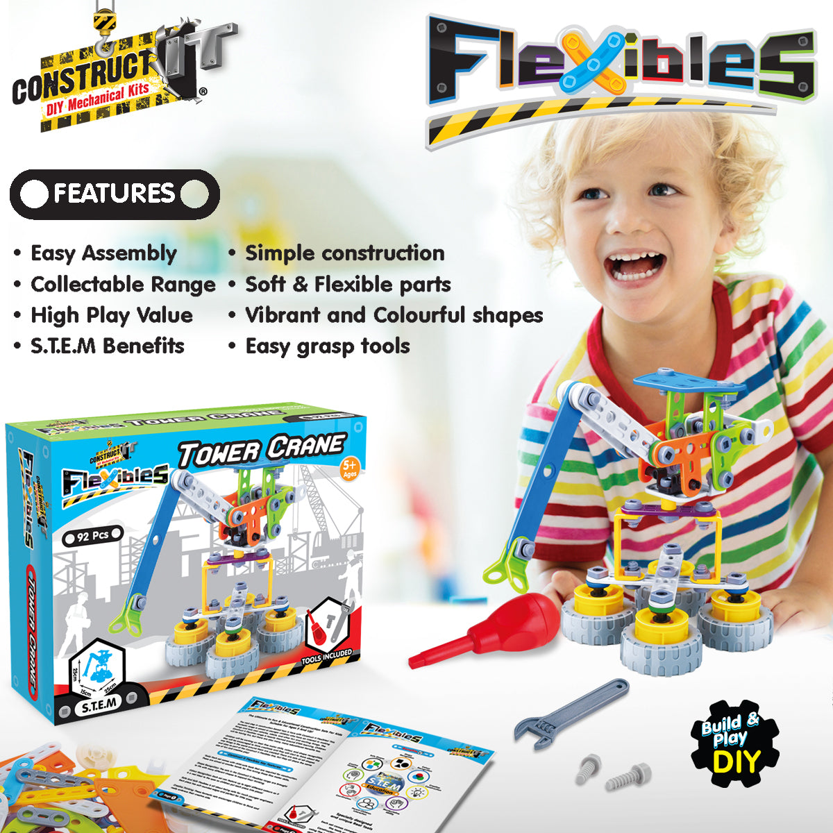 92pcs Construct IT Flexibles DIY Tower Crane Toy w/ Tools Kit Kids 4y+