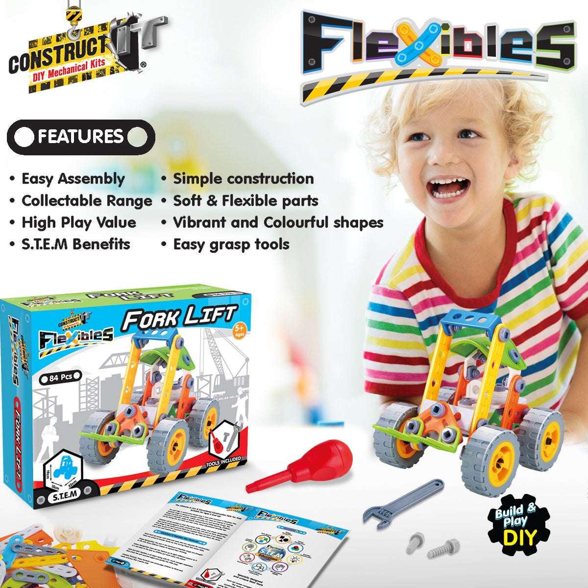 84pcs Construct IT Flexibles DIY Fork Lift Toy w/ Tools Kit Kids 4y+