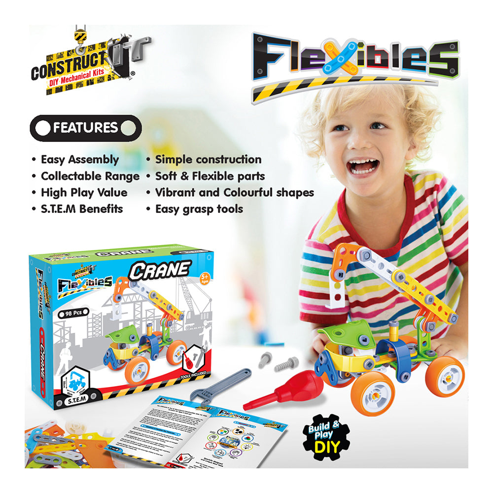 98pcs Construct IT Flexibles DIY Crane Toy w/ Tools Kit Kids 4y+