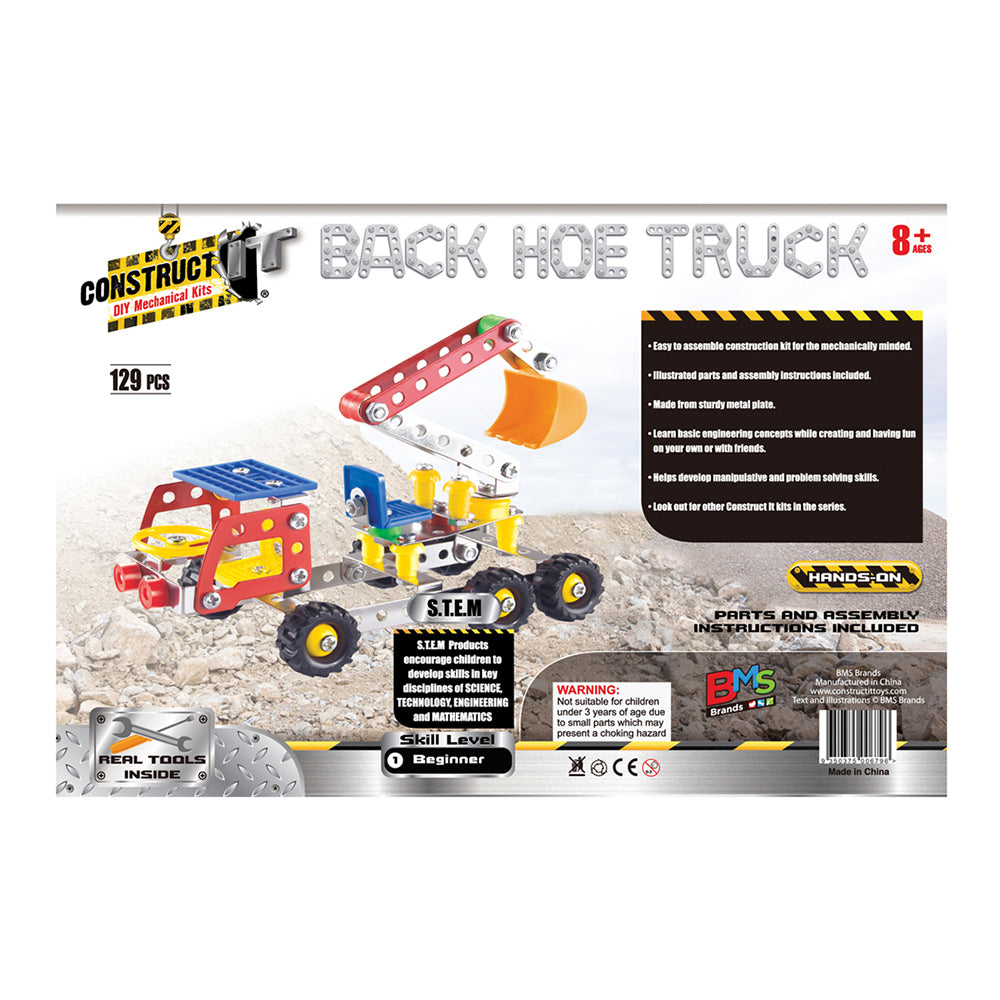 129pc Construct IT DIY Back Hoe Truck Toy w/ Tools Kit Kids 8y+