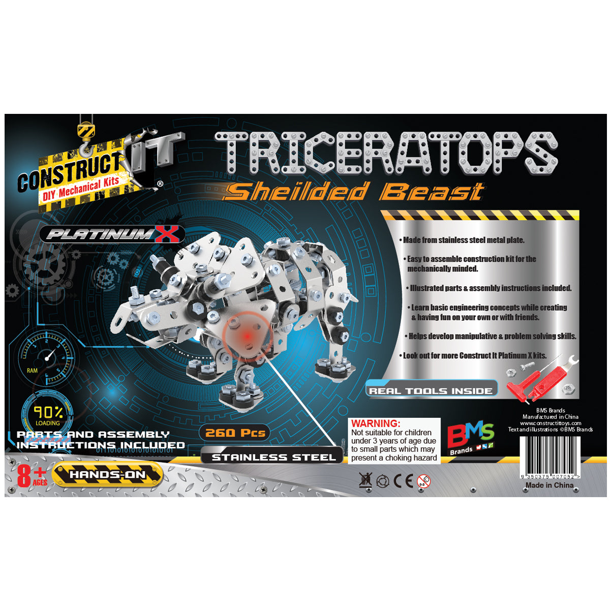 260pc Construct IT Platinum-X Triceratops Beast Toy w/ Tools Kit Kids 8+