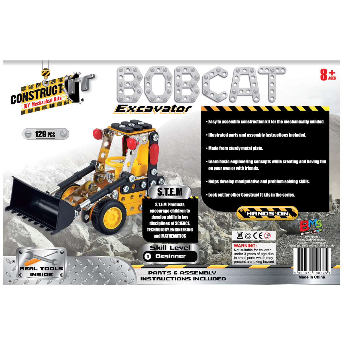 129pc Construct IT DIY Bobcat Excavator Toy w/ Tools Kit Kids 8y+