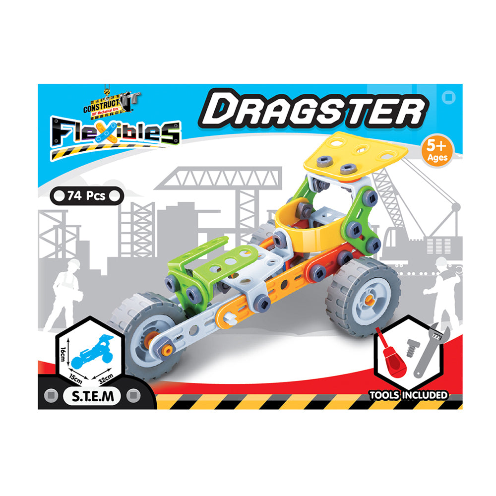 74pcs Construct IT Flexibles DIY Dragster Toy w/ Tools Kit Kids 4y+