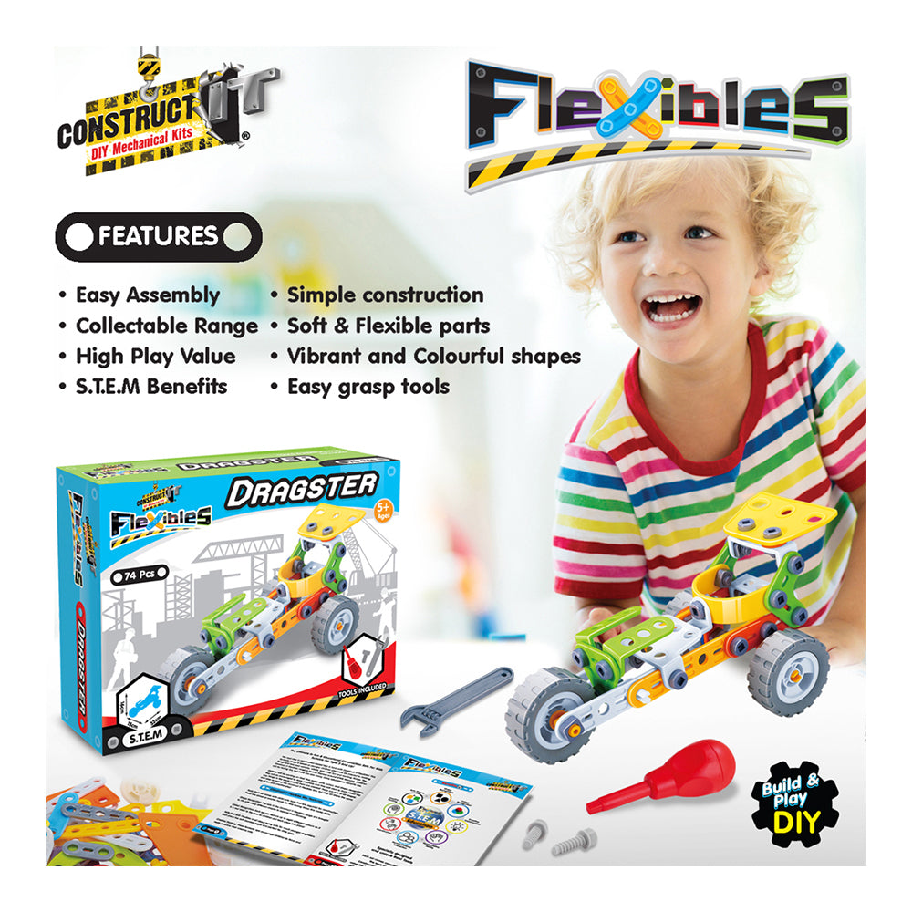 74pcs Construct IT Flexibles DIY Dragster Toy w/ Tools Kit Kids 4y+