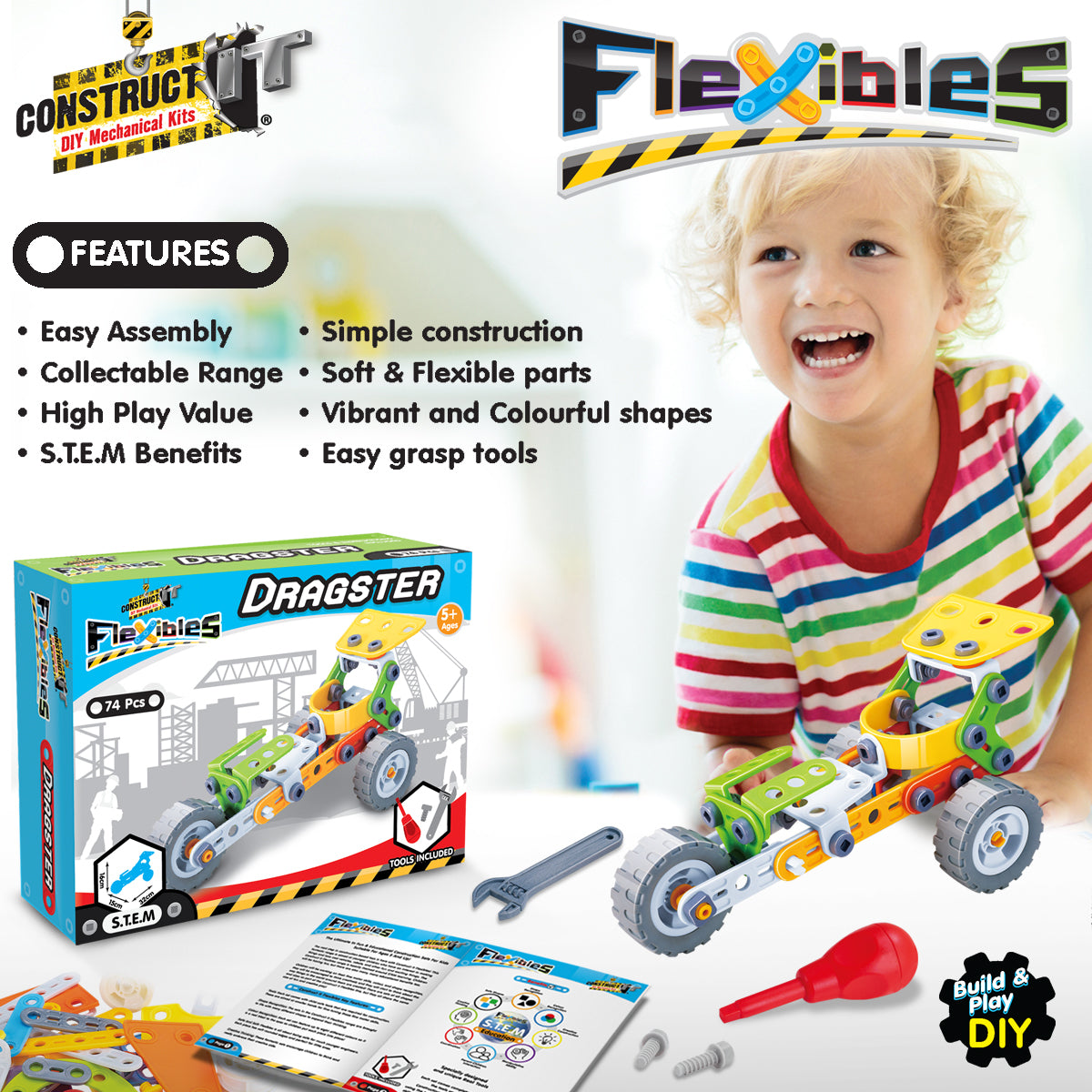 74pcs Construct IT Flexibles DIY Dragster Toy w/ Tools Kit Kids 4y+