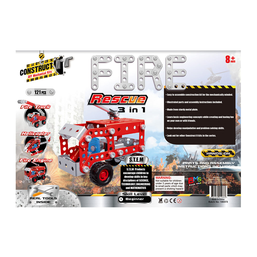 121pc Construct IT DIY 3-in-1 Fire Rescue Toy w/ Tools Kit Kids 8y+