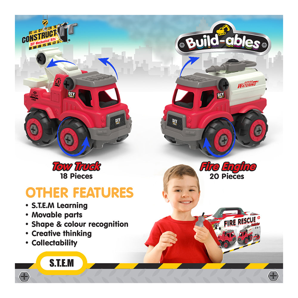 38pc Construct IT Buildables 2in1 Fire Rescue Truck Set w/ Case Kids 3+ Red