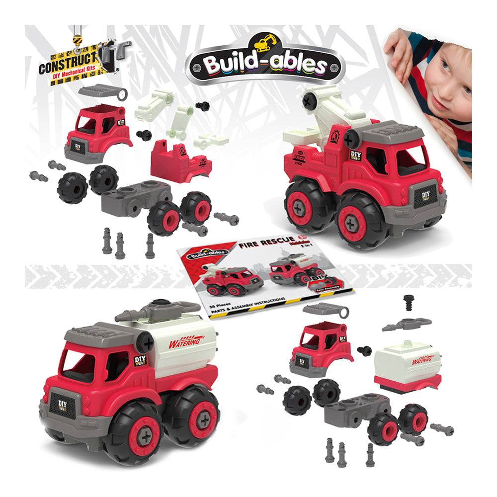 38pc Construct IT Buildables 2in1 Fire Rescue Truck Set w/ Case Kids 3+ Red