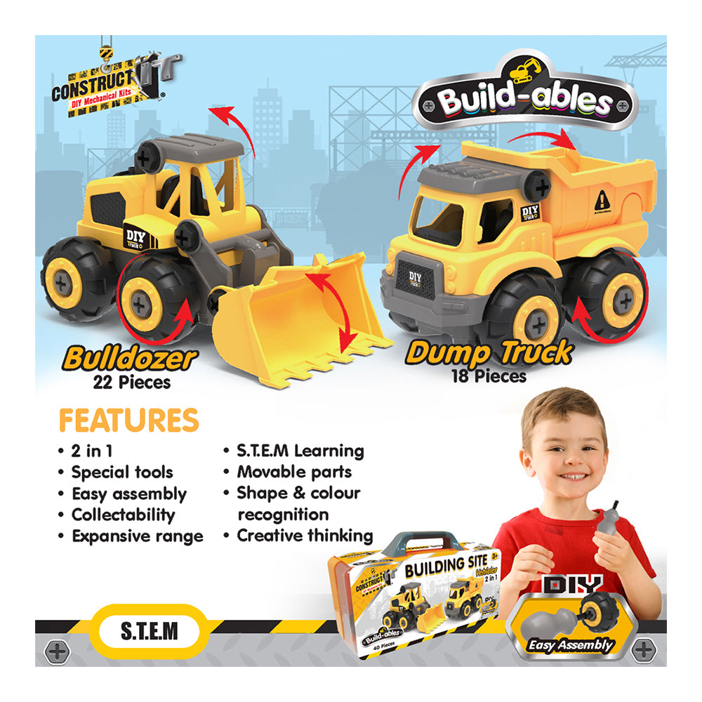 40pc Construct IT Buildables 2in1 Site Vehicle/Truck Set w/Case Kids 3+ YLW