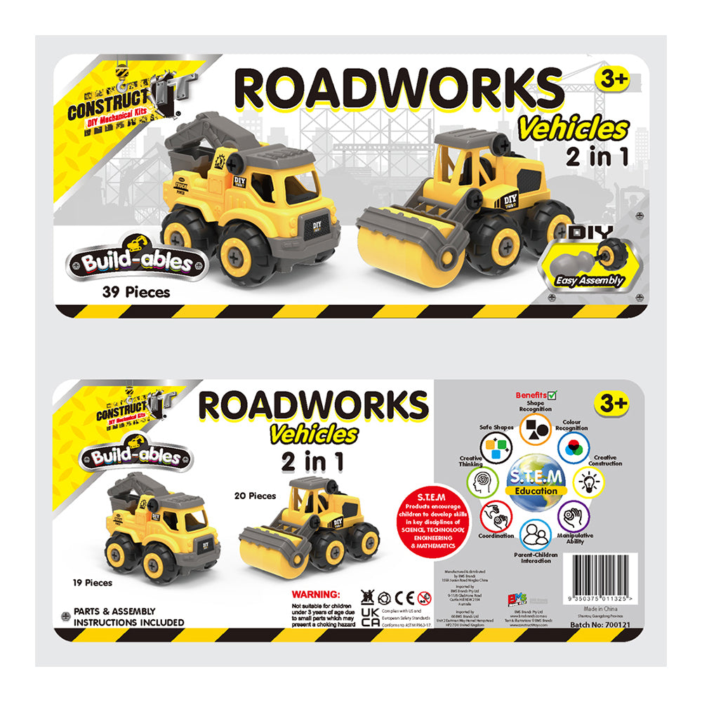39pc Construct IT Buildables 2in1 Roadworks Vehicle Set w/ Case Kids 3+ YLW