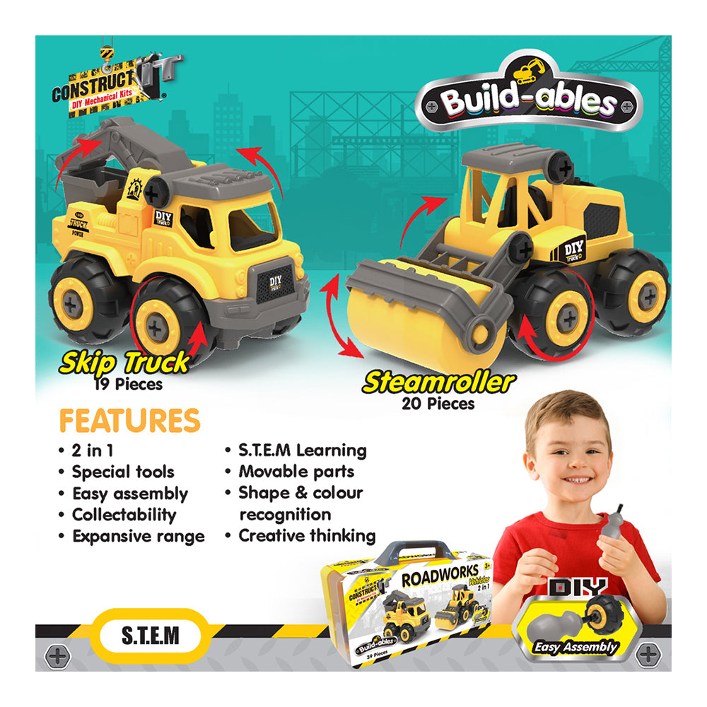 39pc Construct IT Buildables 2in1 Roadworks Vehicle Set w/ Case Kids 3+ YLW