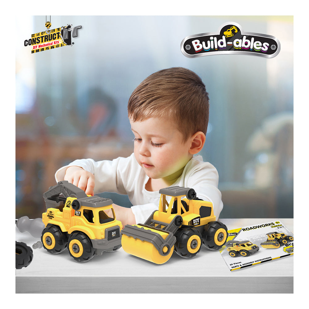 39pc Construct IT Buildables 2in1 Roadworks Vehicle Set w/ Case Kids 3+ YLW