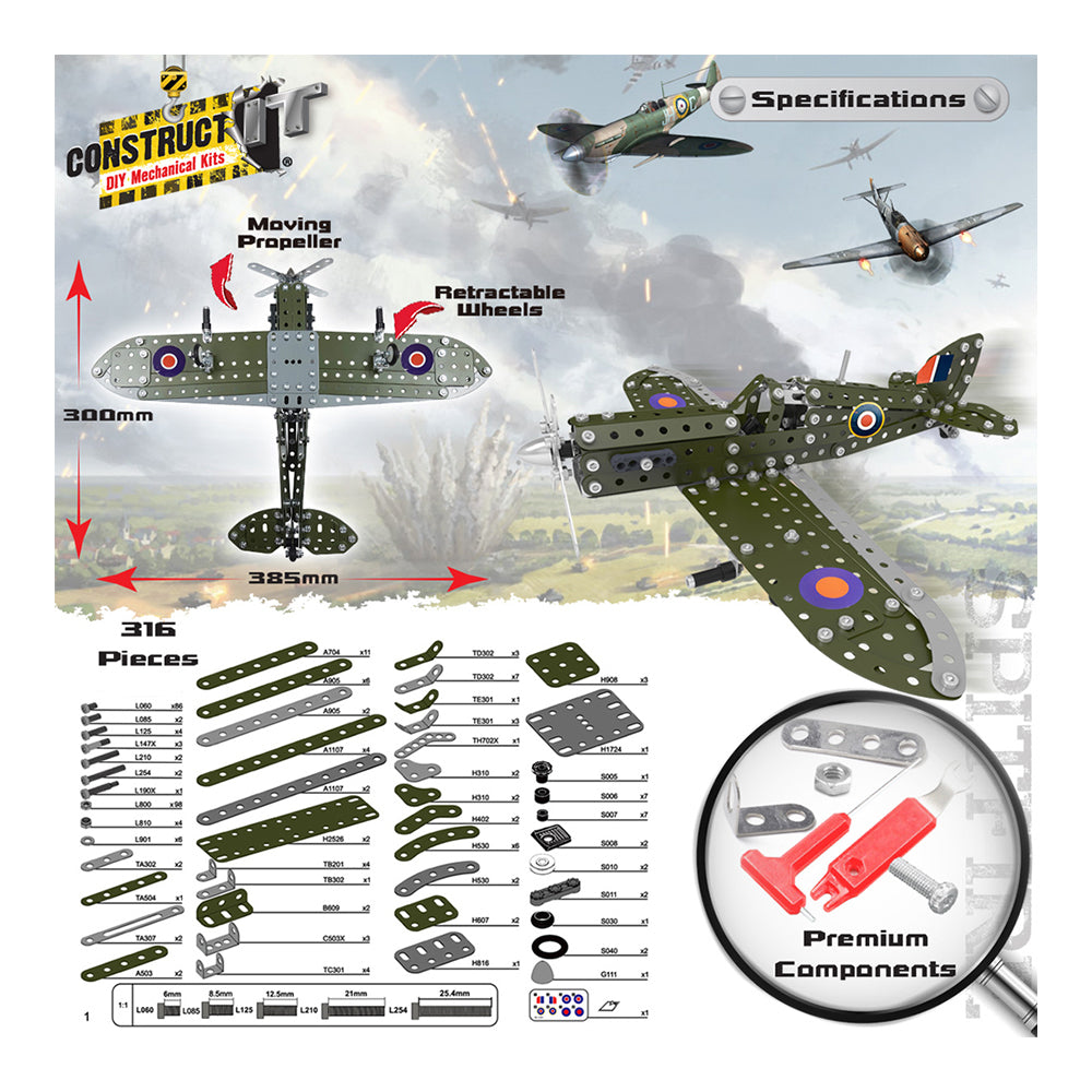 316pc Construct IT DIY Spitfire Toy w/ Tools Kit Kids 8y+