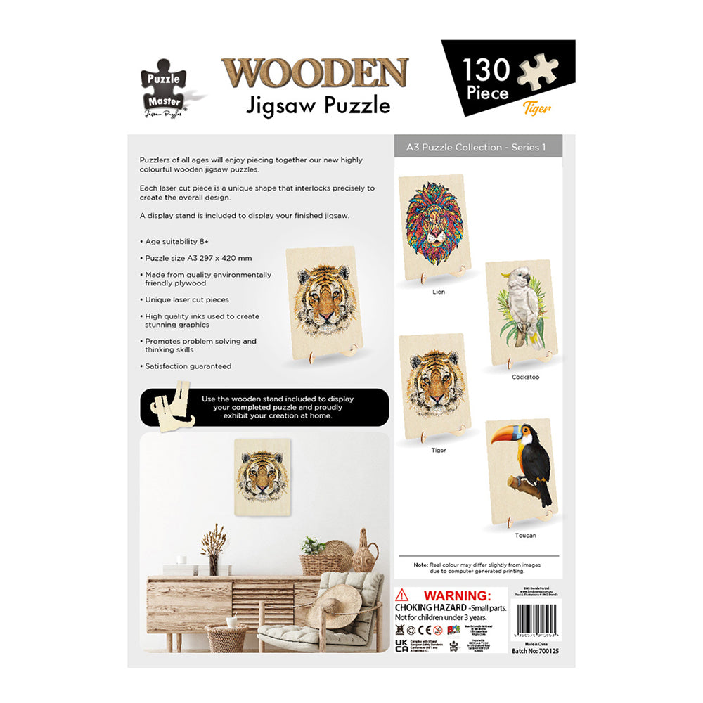 130pc Puzzle Master A3 Shaped Wooden Jigsaw w/ Stand Set Kids 8y+ Tiger