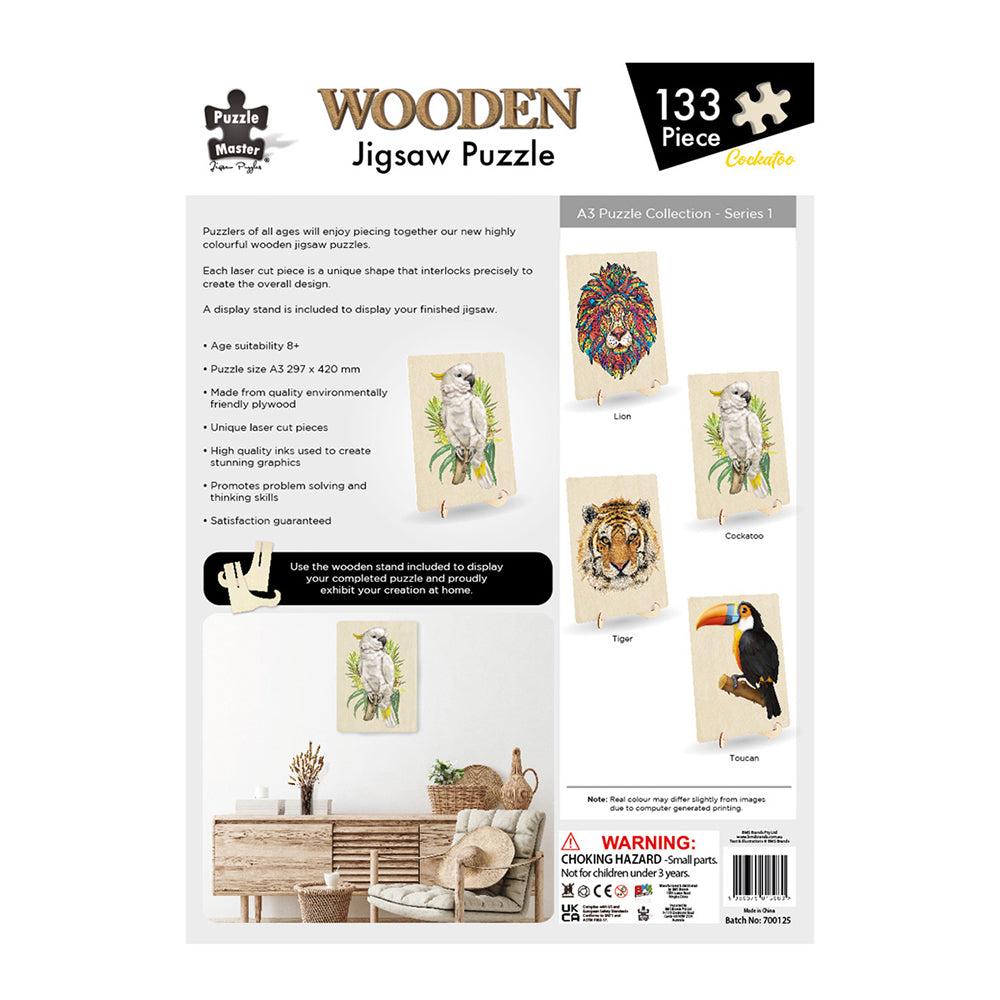 133pc Puzzle Master A3 Shaped Wooden Jigsaw w/ Stand Set Kids 8y+ Cockatoo