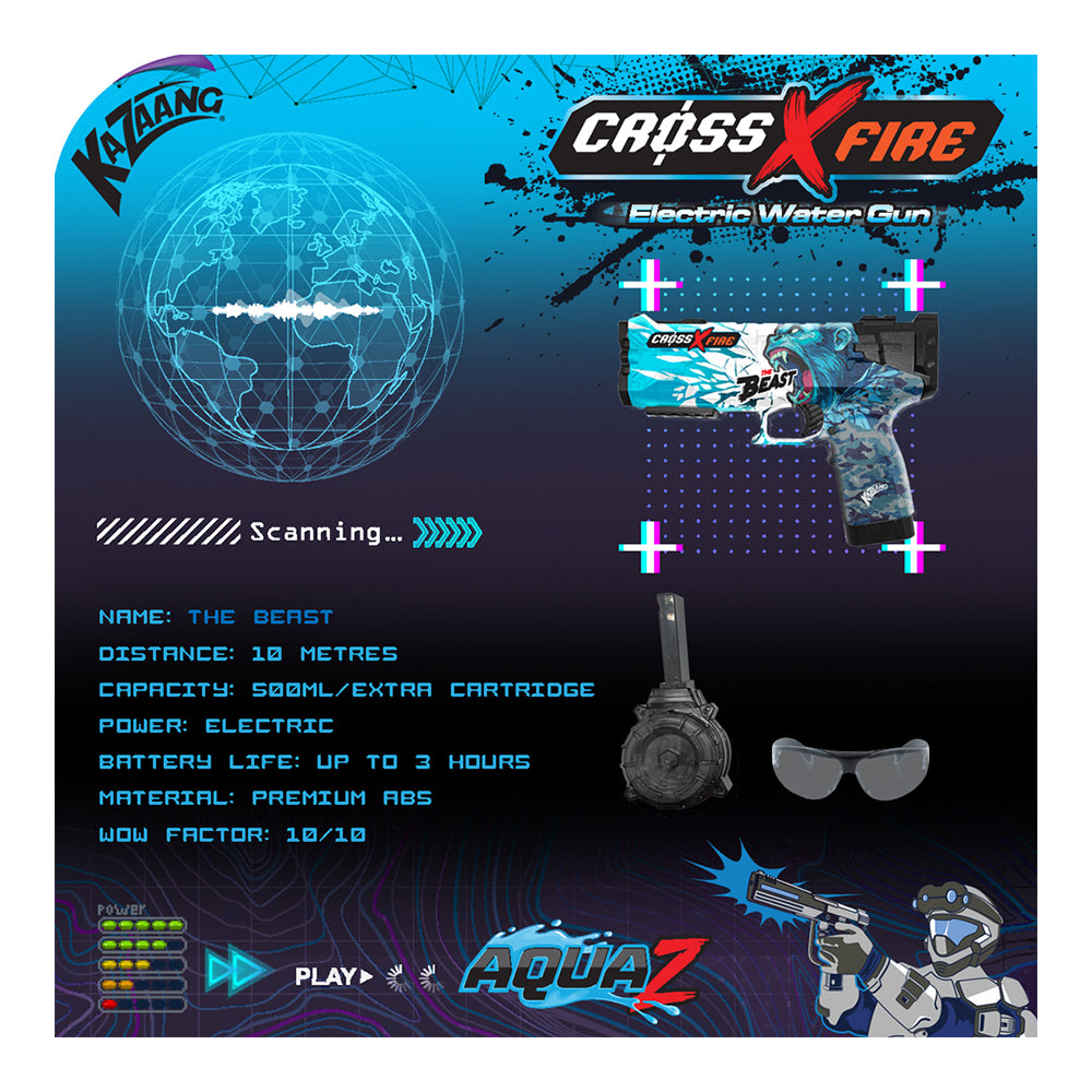 4pc Kazaang Cross Fire The Beast Water Gun/Charger/Cartridge Set Kids 8+