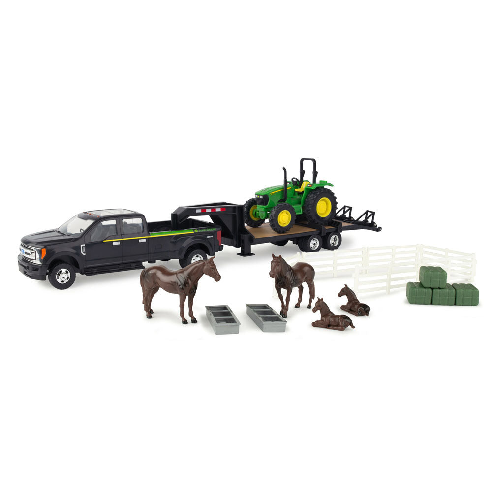 47434-john-deere-1-32-ford-pickup-w-john-deere-tractor-on-trailer-plus-horses-yards-3y