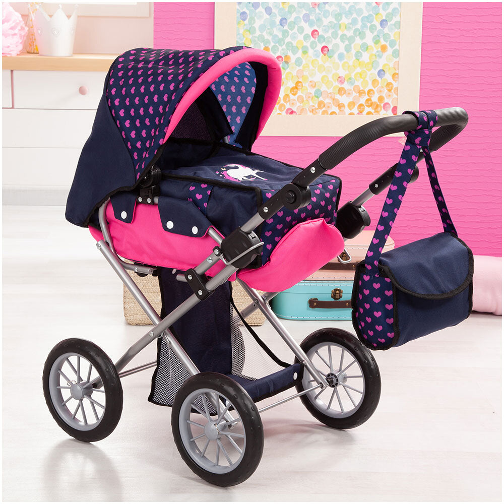 13654aa-bayer-city-star-72cm-doll-pram-dark-blue-w-pink-hearts-unicorn