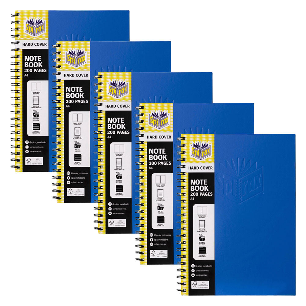56512b-5pc-spirax-512-hard-cover-a4-spiral-writing-notebook-200-pages-blue