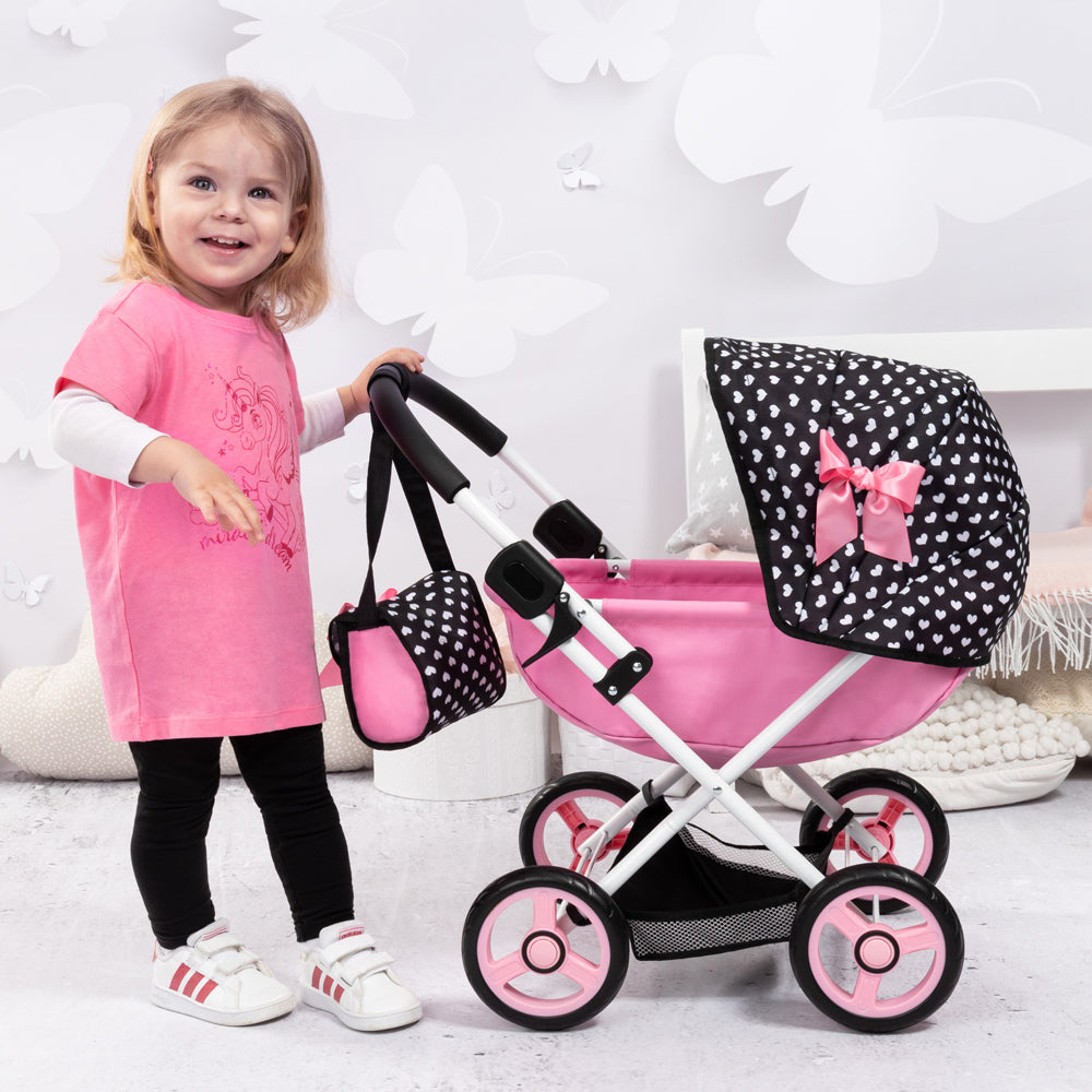 21112760-bayer-58cm-cosy-folding-doll-pram-kids-children-toy-w-bag-pink-black-3y