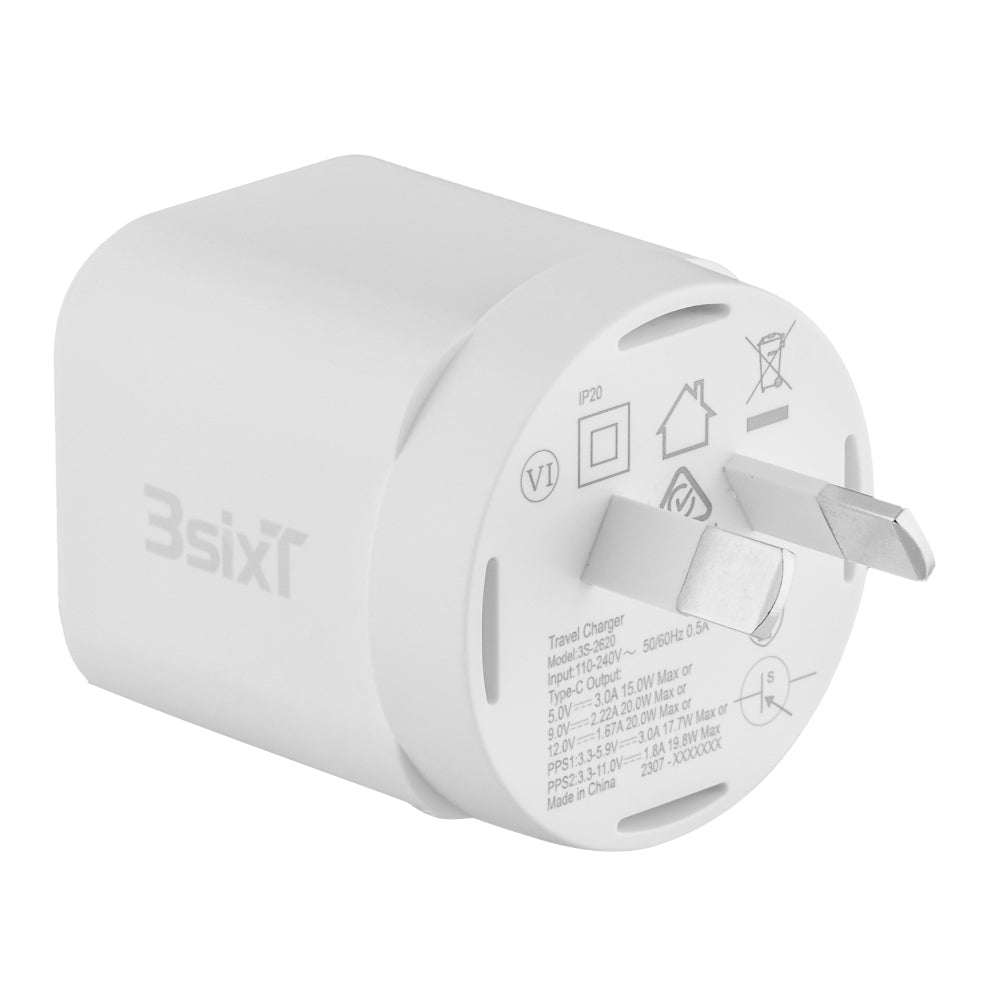 3s-2623-3sixt-wall-charger-adapter-gan-20w-usb-c-pd-w-type-c-cable-white