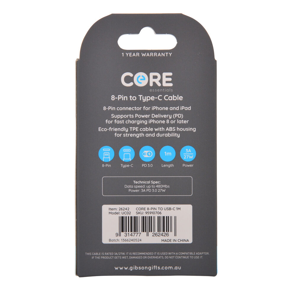 26242-core-8-pin-to-usb-c-cable-charging-cord-1m-for-apple-iphone-14-13-white