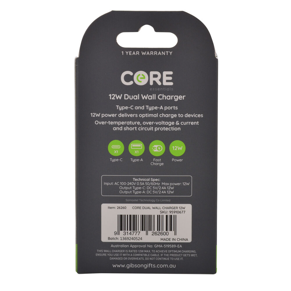 26260-core-type-c-usb-a-dual-port-wall-charger-adapter-12w-white