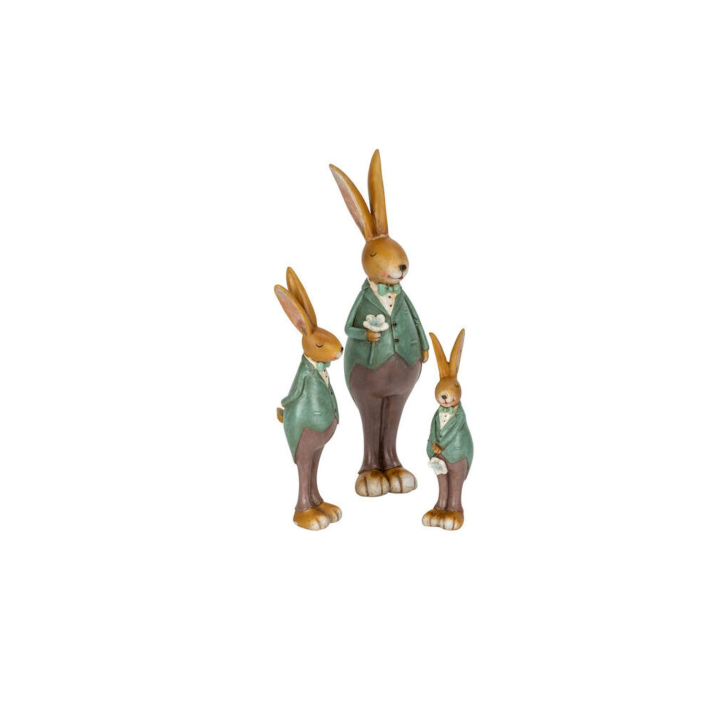28082-3pc-a-fresco-resin-rabbit-in-green-jacket-family-figures-set