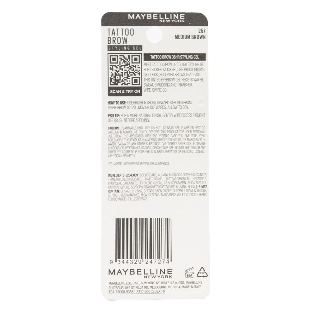 Maybelline 6ml Tattoo Brow 36H Styling Gel Carded - 257 Medium Brown