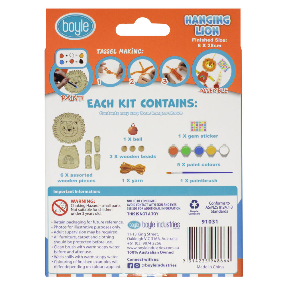 Boyle Wood Paint Kit Kids DIY Craft Buildable 8x25cm Hanging Lion