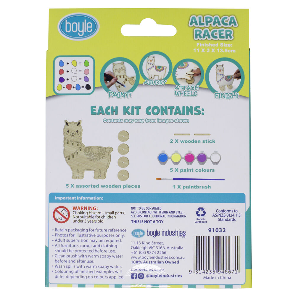 Boyle Wood Paint Kit Kids DIY Craft Buildable Alpaca Racer