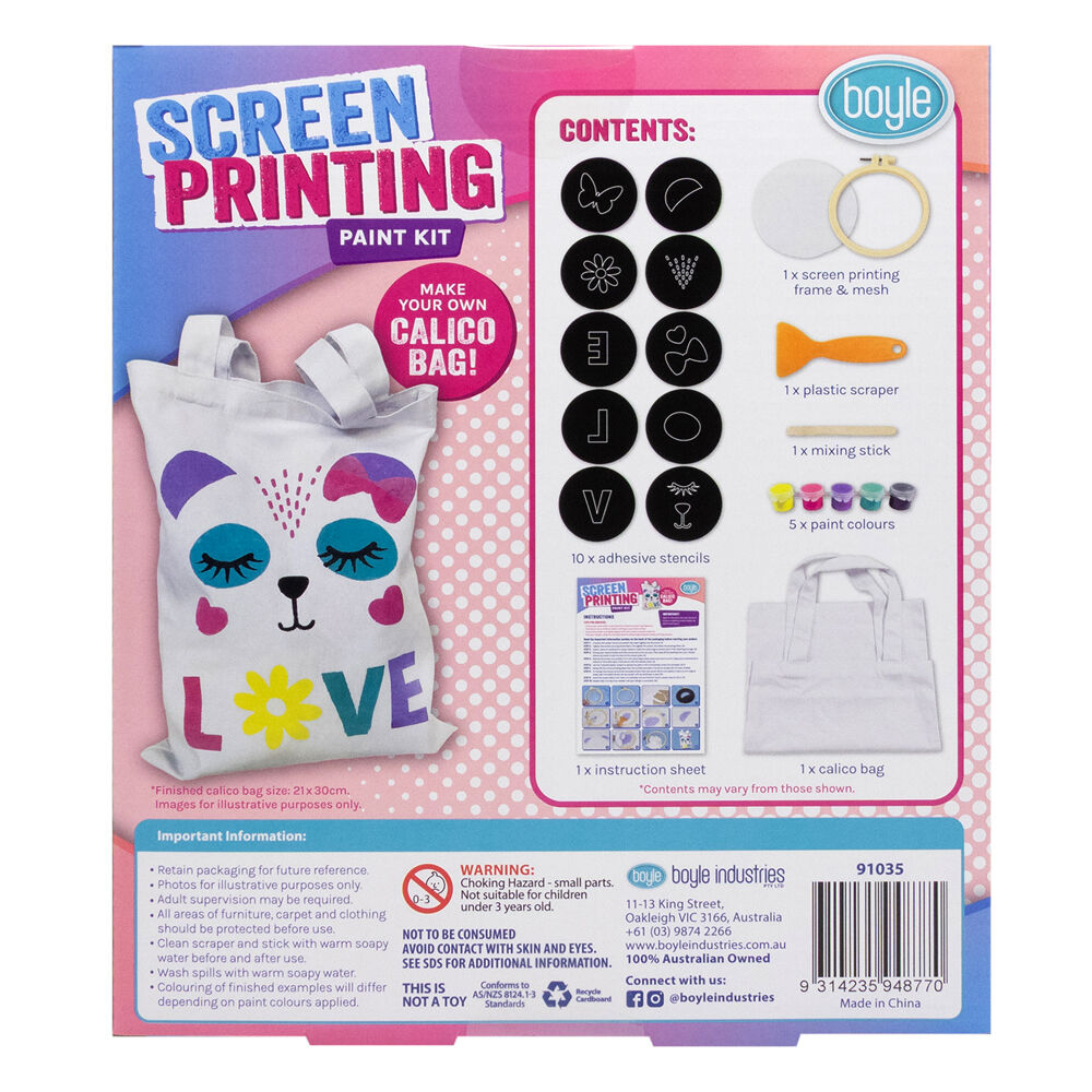 Boyle Screen Printing Paint Kit Kids DIY Craft Calico Bag 6y+
