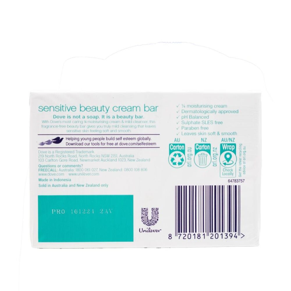 Dettol 2PK Dove Beauty Moisturising Cream Soap Bar Sensitive Fragrance-Free 90g (12 Pack) — image 3