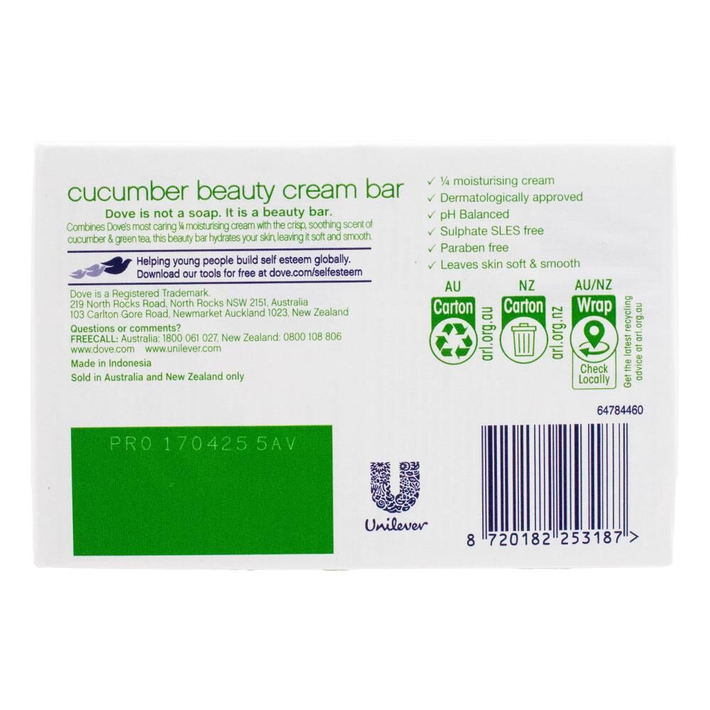Dettol Dove Beauty Moisturising Cream Soap Bar w/Cucumber & Green Tea 90g (4 Pack) — image 2