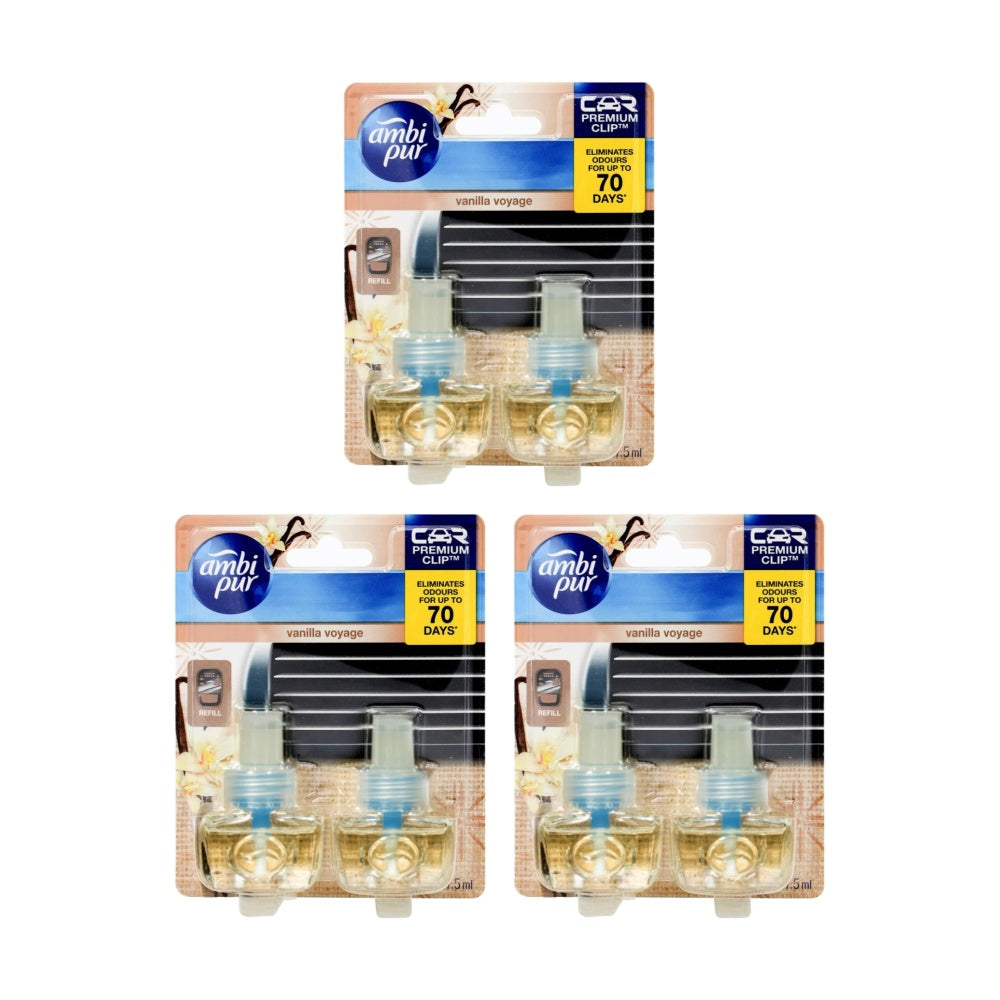 Ambi Pur Car Air Freshener Set w/ Premium Clip Vanilla Voyage 7.5mL (3 Pack of 2)